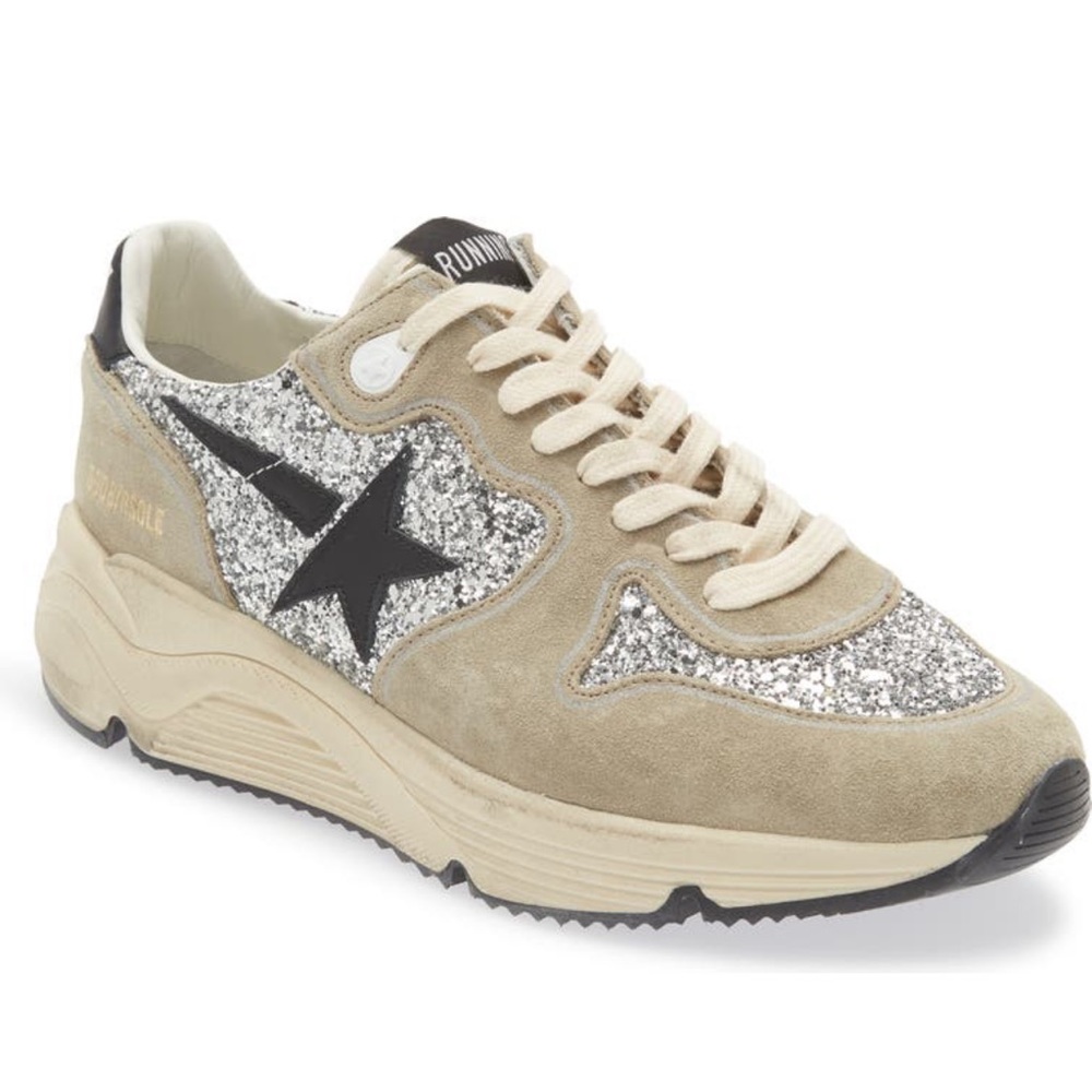Golden Goose Running Star Sneakers Silver Glitter & Grey Suede Size 36 $685